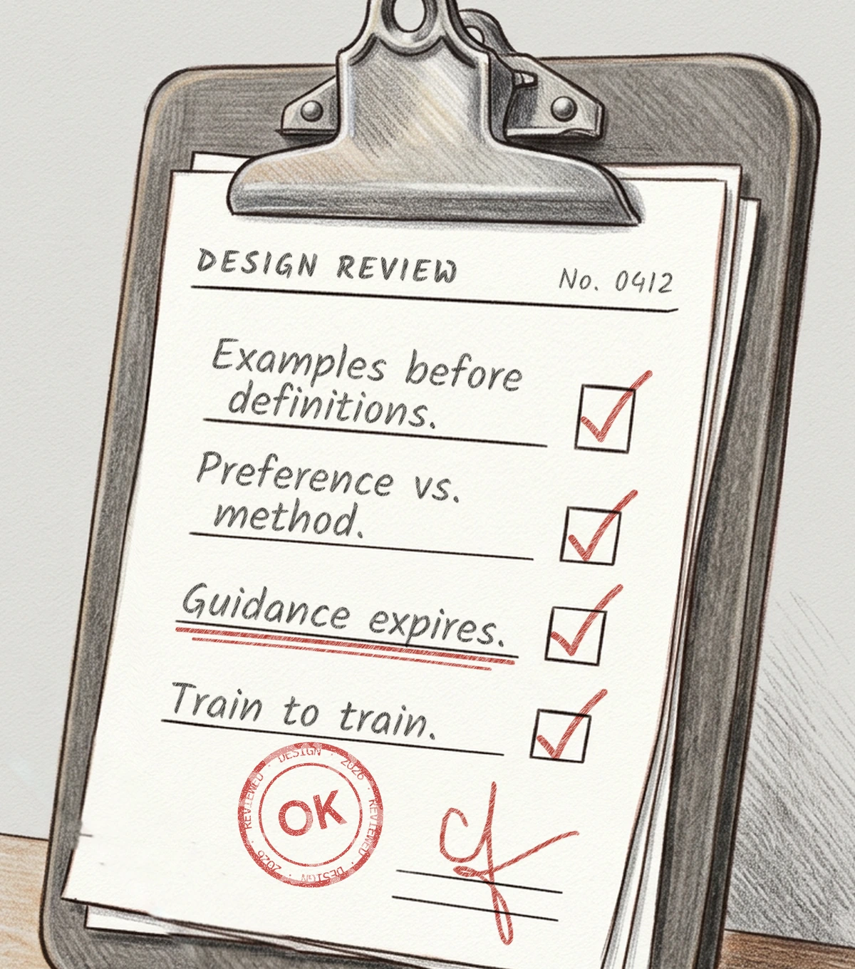 Colored pencil drawing of a design review form on a clipboard, checked off in red, stamped OK and signed: Examples before definitions. Preference vs. method. Guidance expires. Train to train.