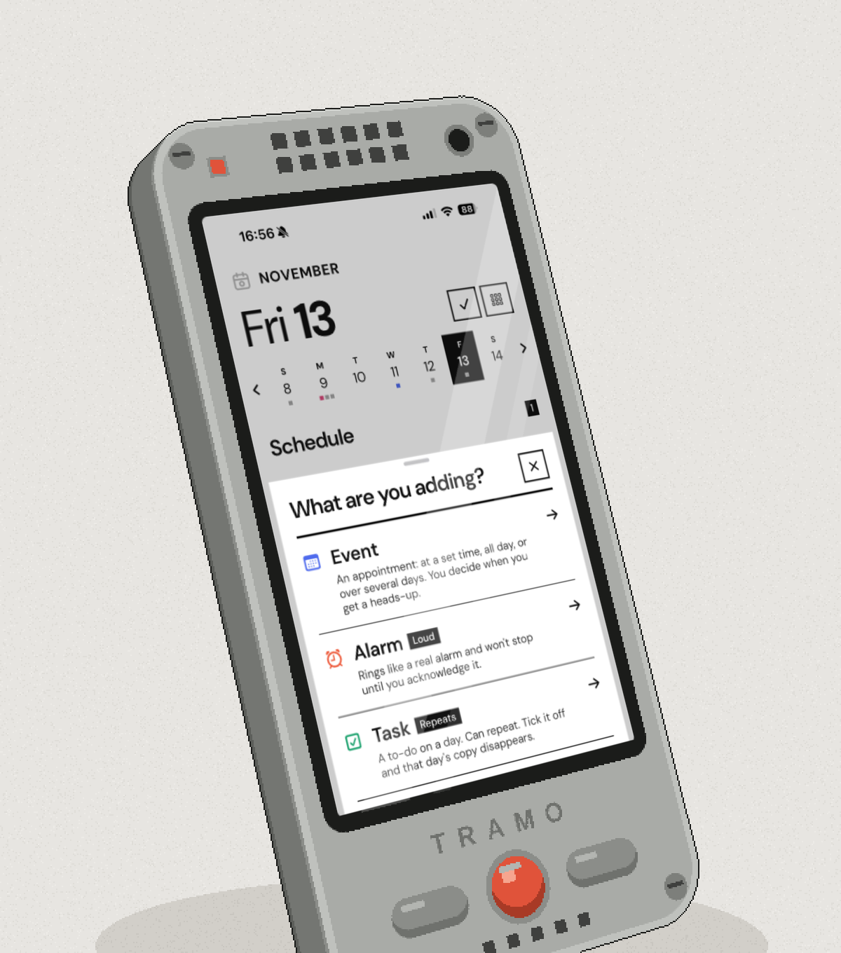 Pixel illustration of a thick, old-style grey phone standing on a table, its screen showing Tramo