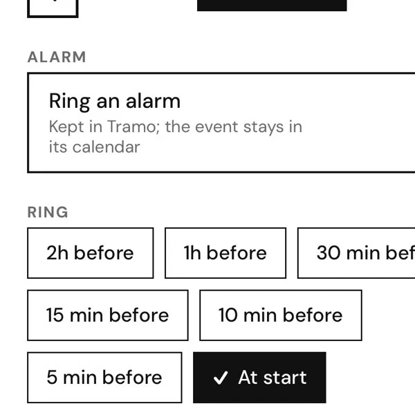 The alarm inside an event, with when it rings