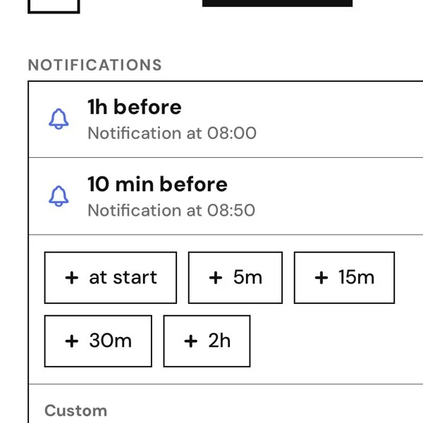 An event with several notifications and an alarm