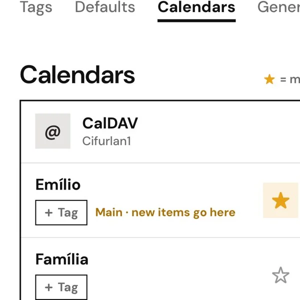 The calendar list in Options