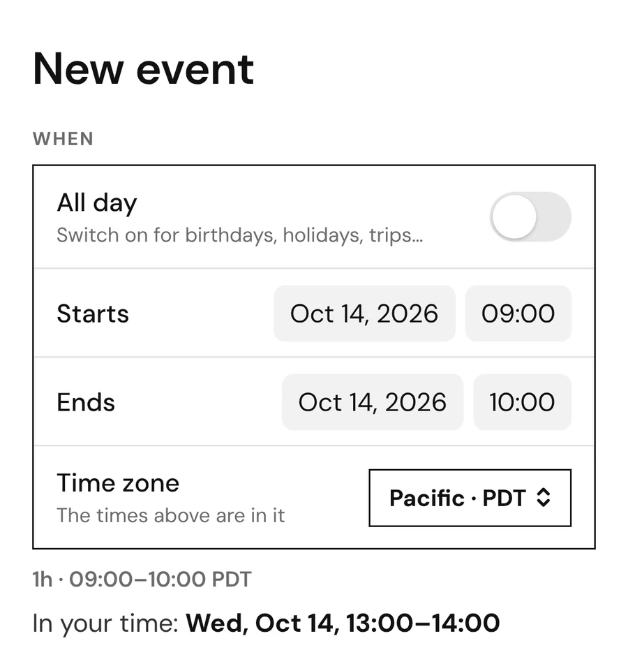 A meeting set in another time zone, shown in yours
