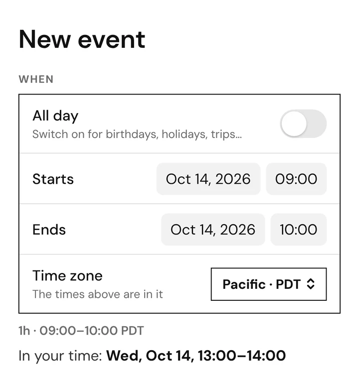 Choosing a time zone for an event